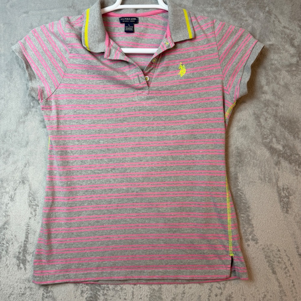 US Polo Assn Polo Shirt Junior Girls L Grey Pink Striped Neon Logo Y2K Preppy